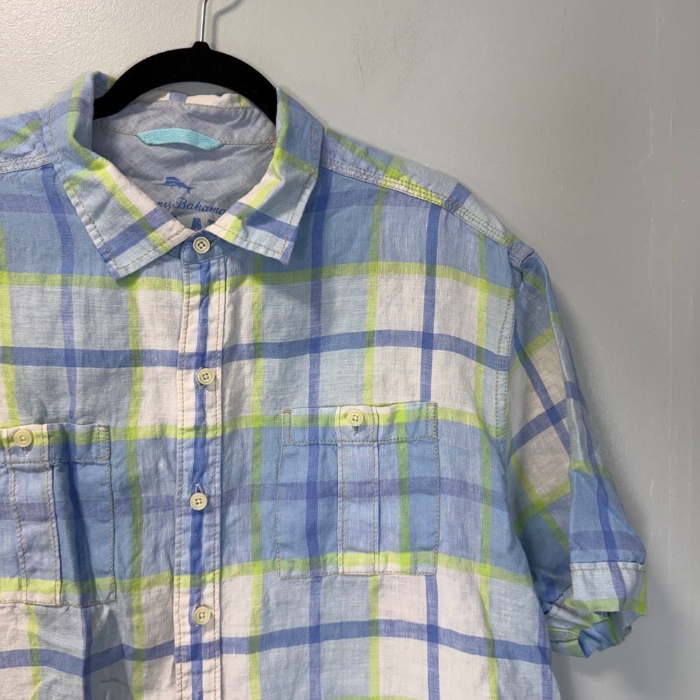 Tommy Bahama Relax Men's Linen Shirt XL Plaid Blue Green Short Sleeve Button Up